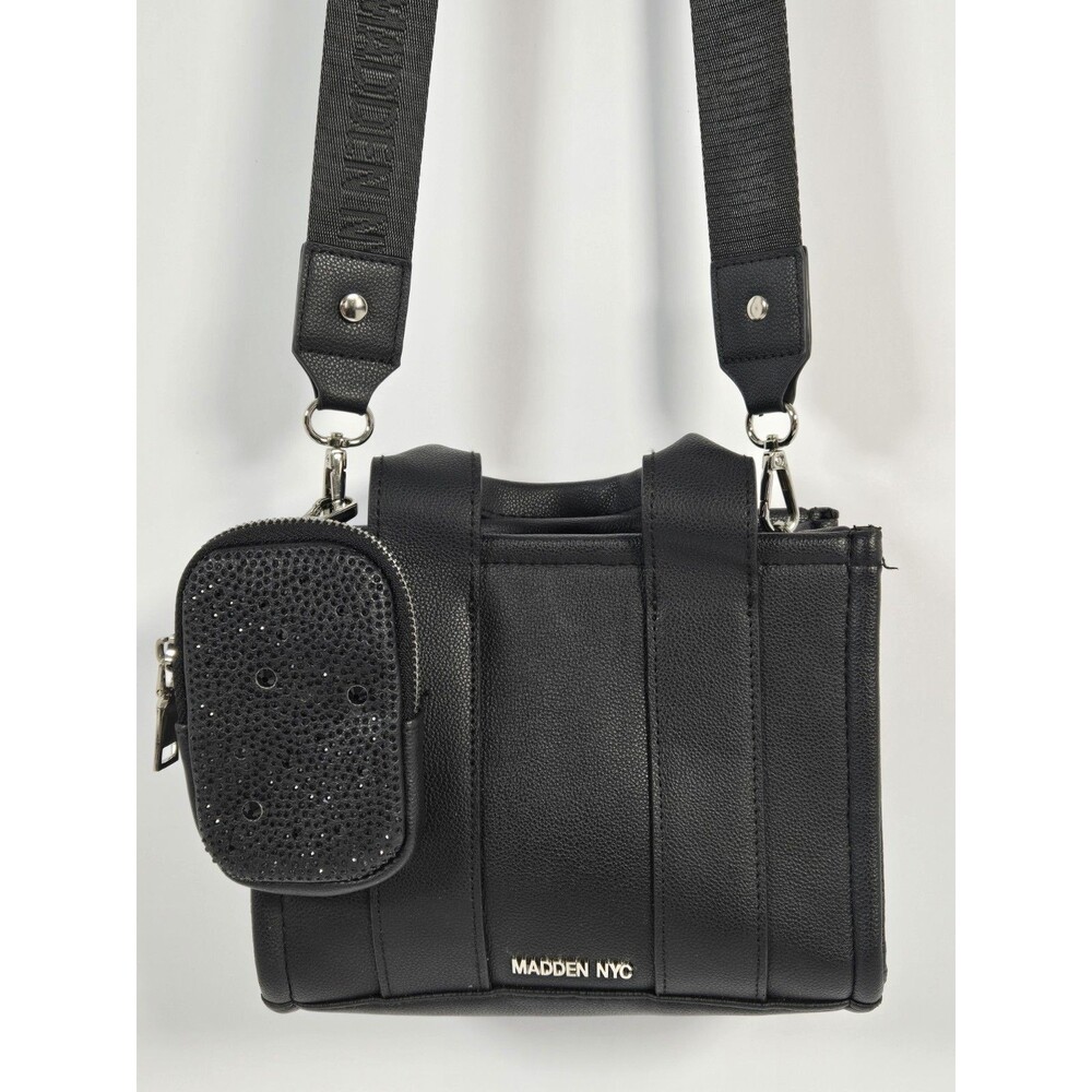 Madden NYC MNY-500 Black Satchel Crossbody Bag Rhinestone Pouch Logo Strap